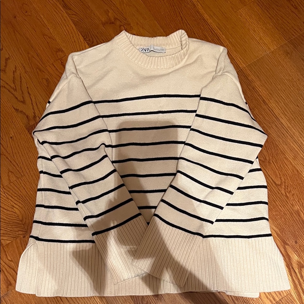 Zara Cream and Black Striped Knit Top